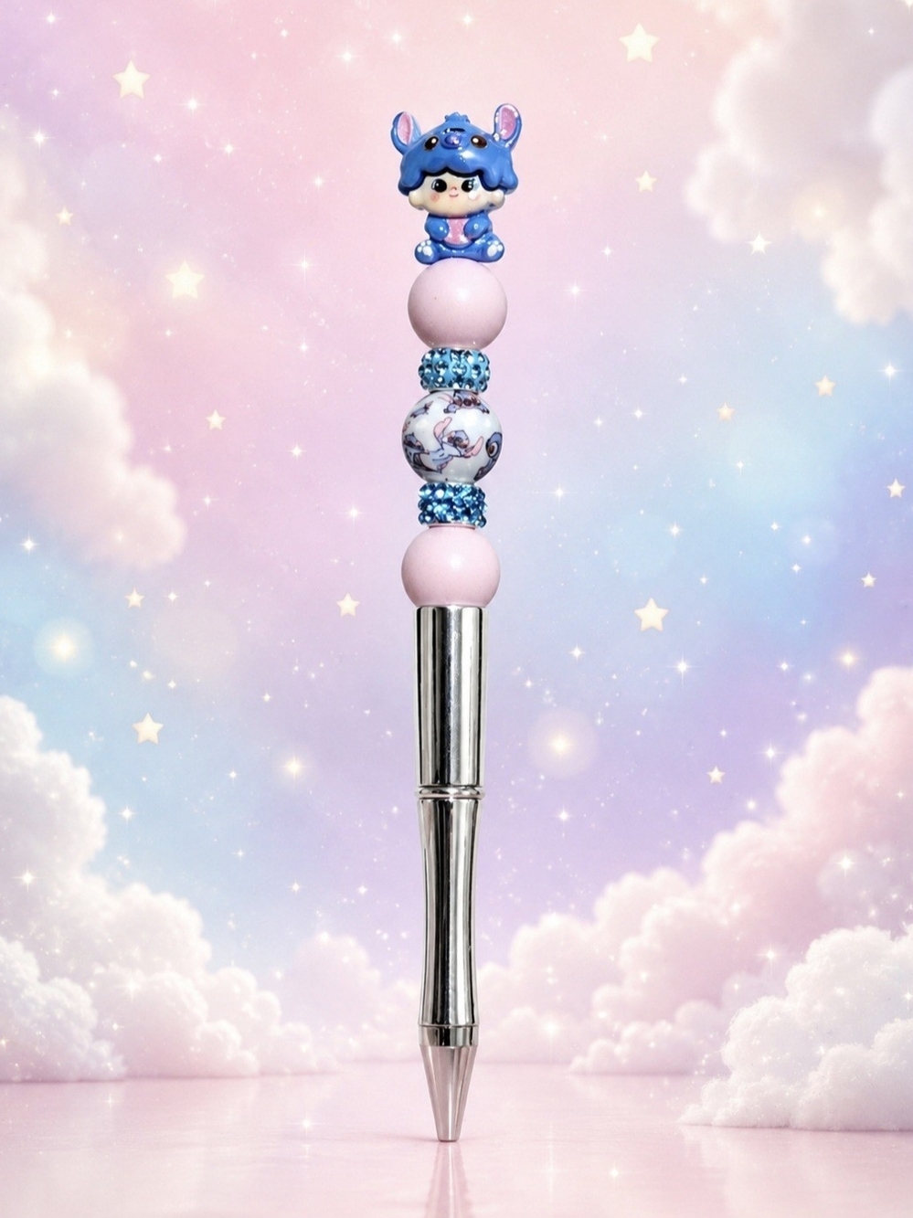Stitch Inspired Handmade Beaded Pen - Pink, Blue & Silver
